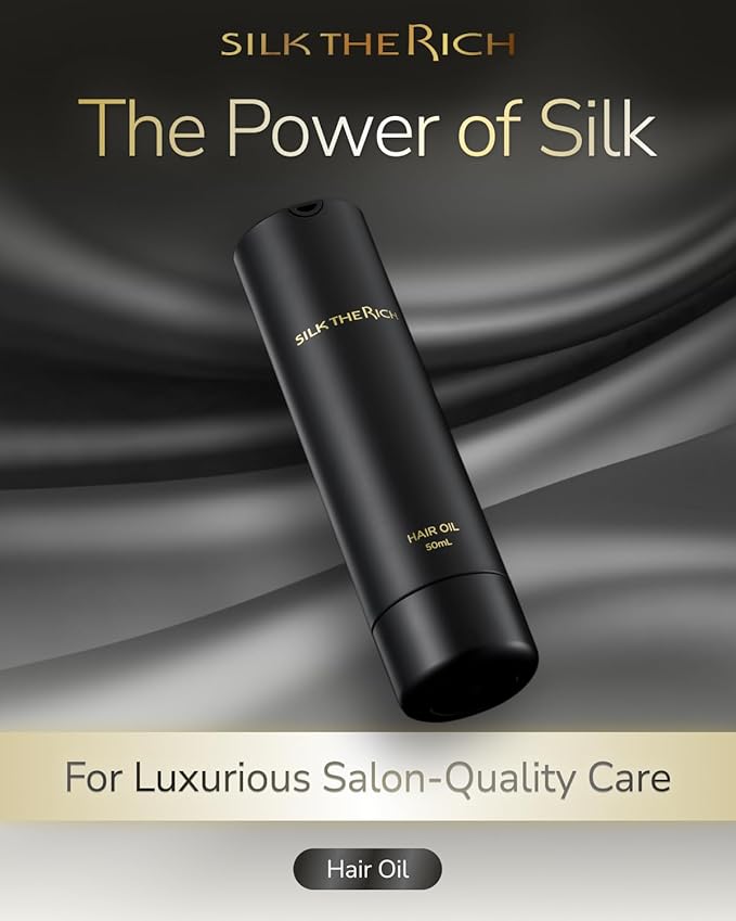 SILK THE RICH Hair Oil Heat Protectant, Split End Repair, Smoothing Salon-Quality Treatment with Argan Oil for Frizzy, Damaged, Dry Hair, Fragrance Scalp Moisture, Travel Size, Black (1.7 fl oz, 50ml)