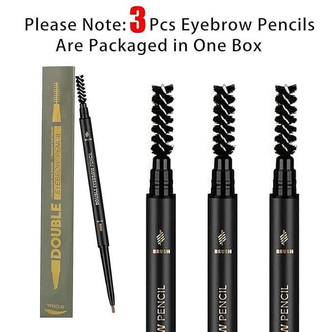 O'CHEAL 3Pcs Light Brown Eyebrow Pencil for Women, Premium Eye Brow Pencil with Spoolie Brush, Longwearing for Perfect Brows, Precision, Defines, Universal Waterproof Double-head Eyebrow Pen