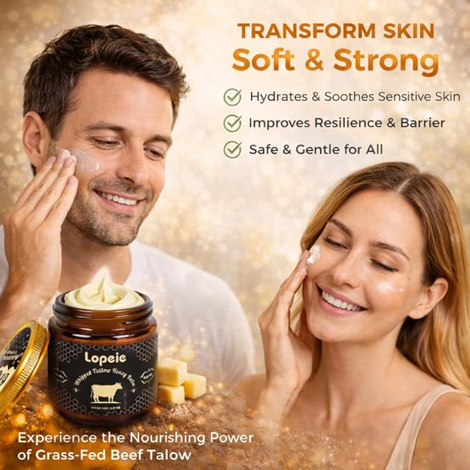 Lopeie Upgraded 4.23 Oz Organic Beef Tallow for Skin & Face – Whipped Grass-Fed Tallow and Honey Balm for Dry, Sensitive Skin, Natural Hydrating Anti Aging Face Moisturizer with Raw Honey (Lavender)