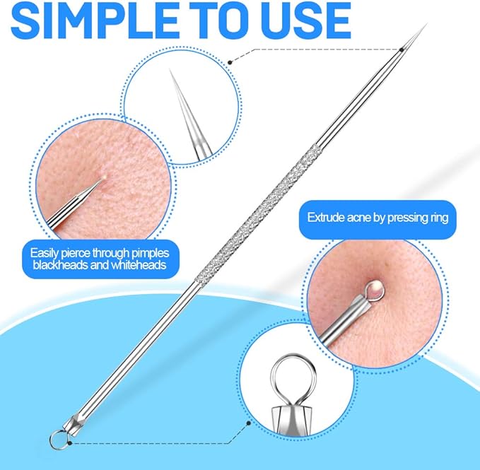 Teenitor Pimple Extractor Acne Treatment Tool Surgical Grade Blackhead Comedone Removal 2-in-1 Popper Tool for Face Nose Blackhead Extractor Tool Silver