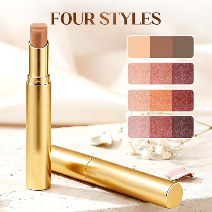 3-in-1 Easy Eyeshadow Stick, All-in-One Eyeshadow for Highlight, Transition & Contour, Quick Blendable Makeup Stick for Beginners, Portable Eyeshadows for Daily Use (Brown)