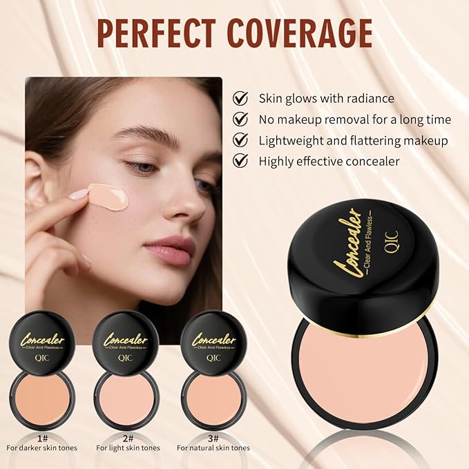 QIC Full Coverage Concealer Cream for Dark Circles & Blemishes, Waterproof & Oil-Free, Natural Finish, Under Eye & Face Makeup, Deep Skin Tone, 1.36 fl oz