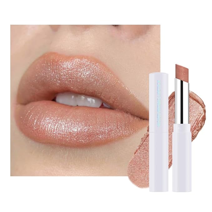 Nude Brown Shimmer Metallic Moisturizing Glow Plumping Lipstick Makeup, Lipstick with Metallic 3D Shine Lightweight Hydrating Formula, Glitter Lip Gloss Stain Long Lasting Waterproof (12#Nude Brown)