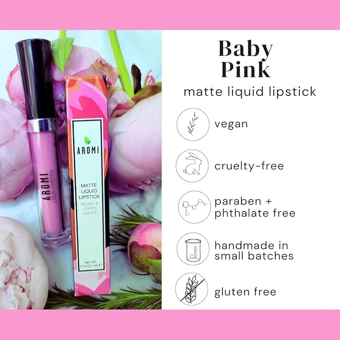 Aromi Baby Pink Matte Liquid Lipstick - Light Pink Lip Color for Women, Long-lasting, Velvety Finish, Waterproof, Vegan, Handmade (Baby Pink)