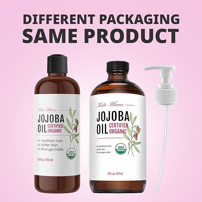 Kate Blanc Cosmetics Organic Jojoba Oil for Hair, Skin & Face (16oz, 100% Pure, Cold Pressed, Natural, Hexane Free, Glass Bottle)