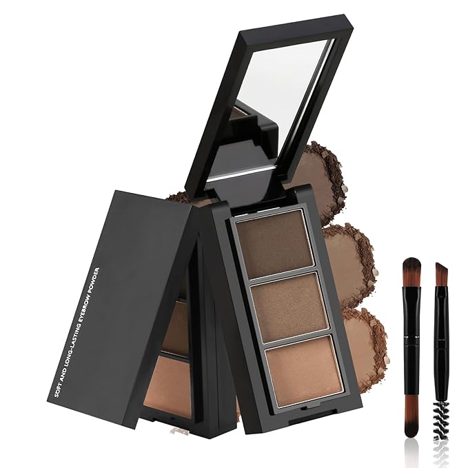 GEUUFEA 3 Colors Eyebrow Makeup Kit, Professional Brow Contour Palette, Waterproof Long-lasting Eyebrow Filler Powder with Mirror & Brow Brush