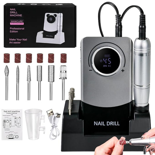 ANRLO Professional Electric Nail Drill, 45000 RPM Cordless Rechargeable E-File Machine, with 12 Bits, Sanding Bands, LCD Display for Acrylic Gel Nails (DMJ-V9-Gray-USB)