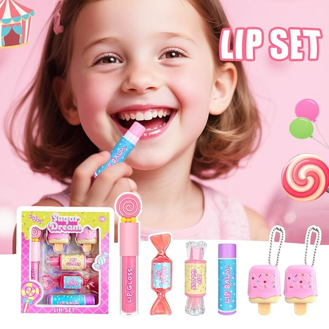 M&U MAKE YOU UP MU 6pc Candy Sweet Lip Gloss Set for Kids - 1 Straight Stick, 2 Ice Cream and 2 Candy Balms, Non-Toxic Girls Birthday Gift, Fun Theme Party Favors