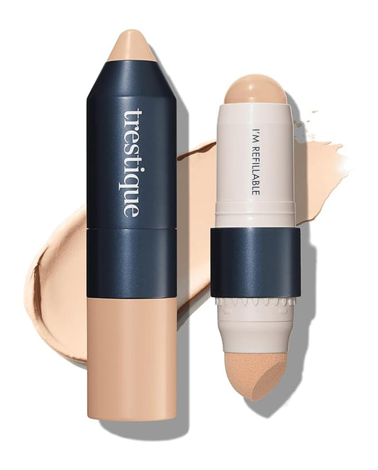 Trestique Refillable Face Stick Foundation with Built-In Sponge, Clean Beauty Medium Coverage Sustainable Makeup