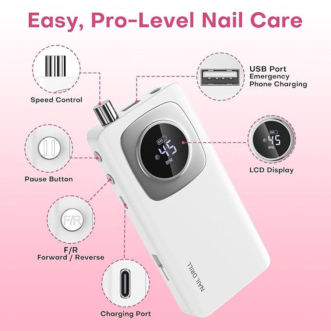 Electric Nail Drill Professional: Rechargeable Nail File with Bits for Acrylic Gel Nails, Professional Nail Drill Manicure Pedicure Polishing Shape Tools for Home Salon (White)
