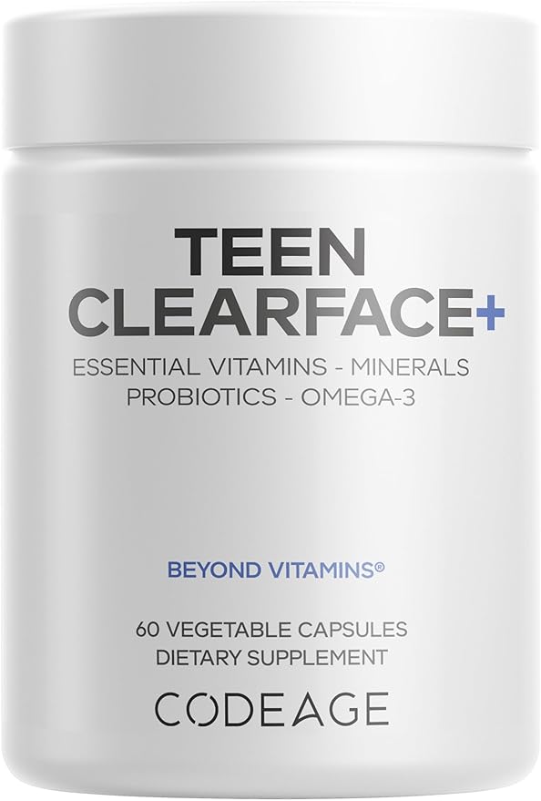 Codeage Teen Clearface Adolescent Face, Skin & Pimples, Vitamins A, C, D3, E, Pantothenic Acid, Niacin, Zinc Supplement Teenagers, Probiotics, L-Lysine, Omega-3, Oily Skin, Pores, Spots - 60 Capsules