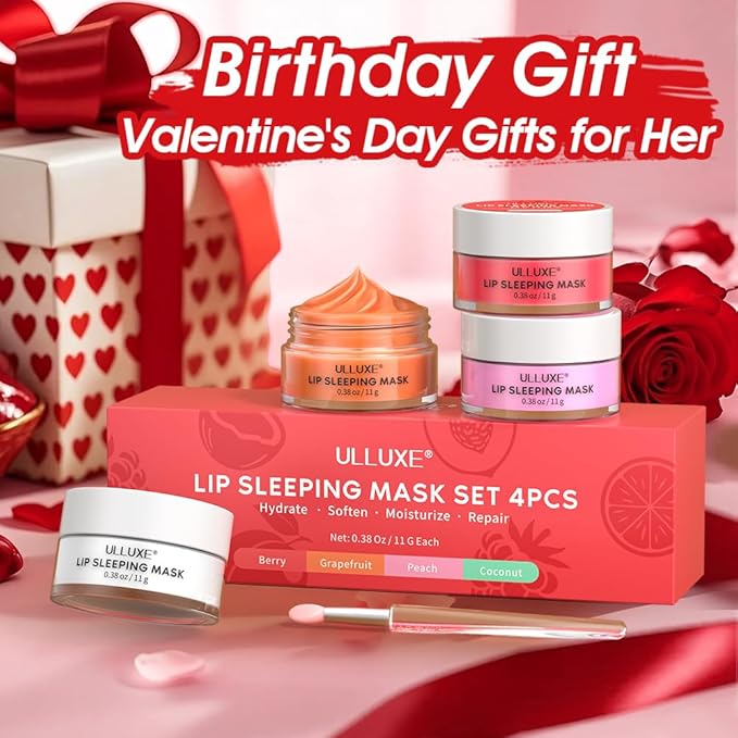 Lip Mask Set 4 Pcs, Valentine's Day Gifts for Women, Overnight Lip Sleeping Mask with Shea Butter, Hyaluronic Acid & Vitamin C, Nourishes Hydrates Dry, Flaky Lips, Moisturizing Lip Care Gift