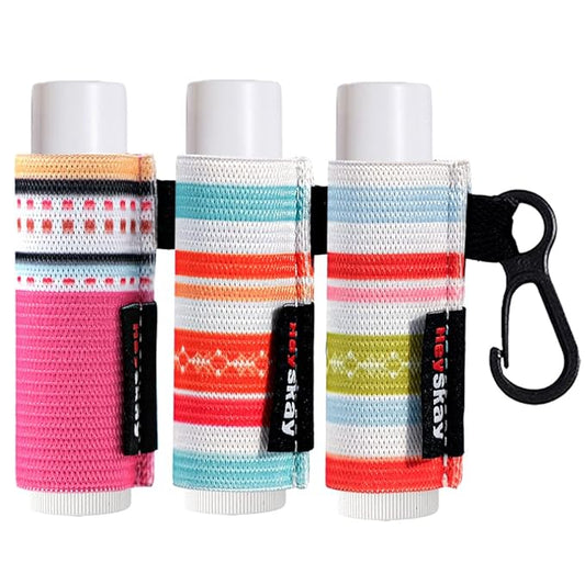 HEYSKAY 3PCS Lip Balm Holder Keychain Lipstick Sleeves Bulk Chapstick Holder Keychain Lip Gloss Holder Chapstick Elastic Sleeves(Strip pattern)