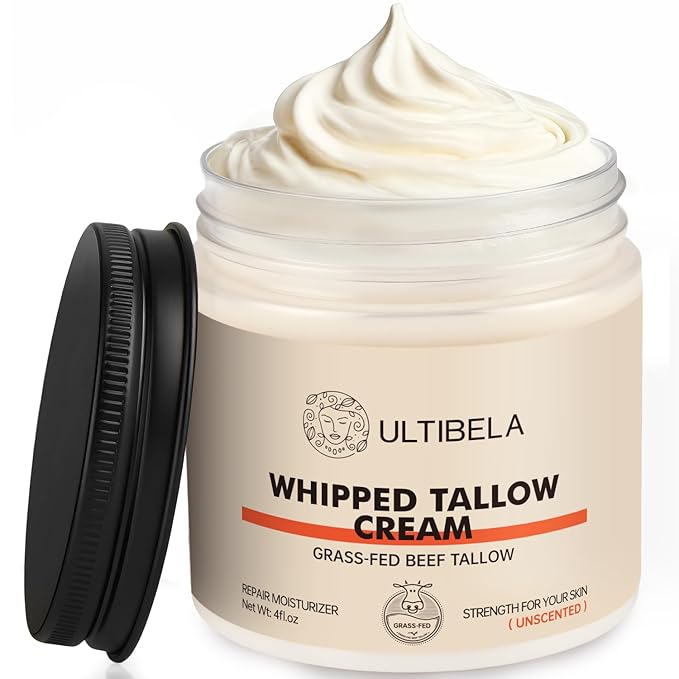 Beef Tallow for Skin, 100% Grass-Fed Whipped Tallow and Honey Balm for Body ＆ Face Natural Body Cream for Dry & Sensitive Skin Care 4OZ (Unscented)