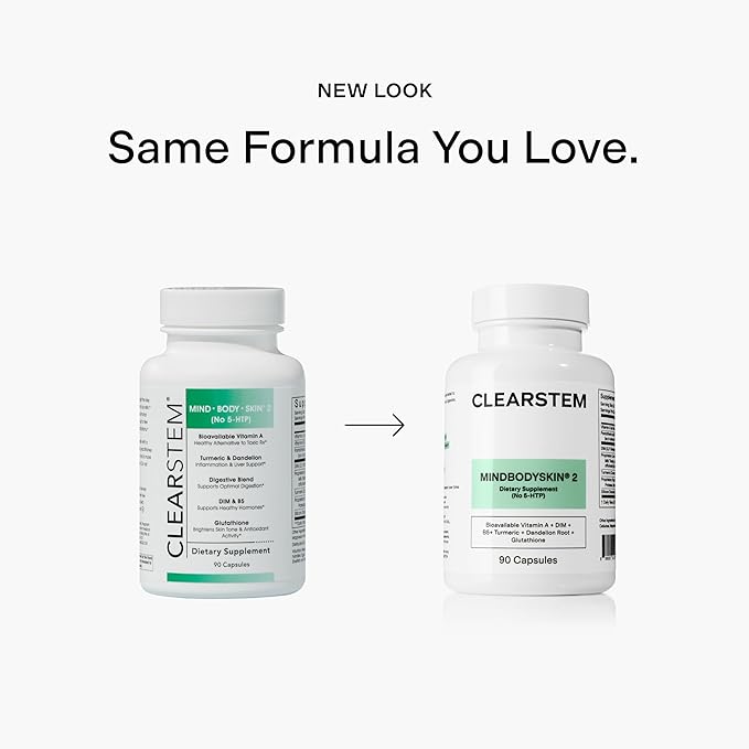 CLEARSTEM - MINDBODYSKIN Hormonal Acne Supplement (No 5-HTP) - Natural DIM Supplement - Skin Care Vitamins - Hormone Balance, Antioxidants - Gluten Free, Cruelty Free - 30 Servings, 90 Capsules