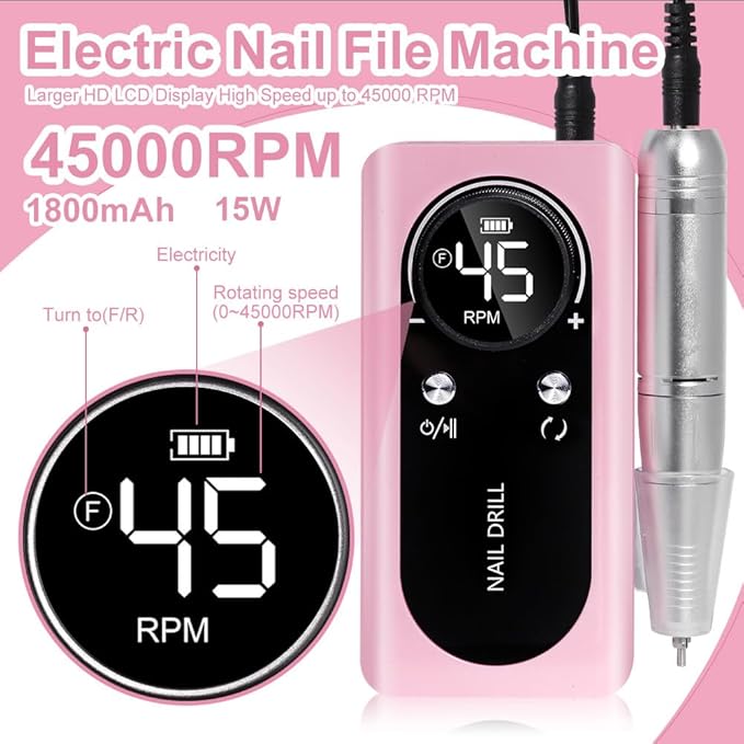 ANRLO Professional Electric Nail Drill, 45000 RPM Cordless Rechargeable E-File Machine, with 12 Bits, Sanding Bands, LCD Display for Acrylic Gel Nails (DMJ-V2-USB-PINK)