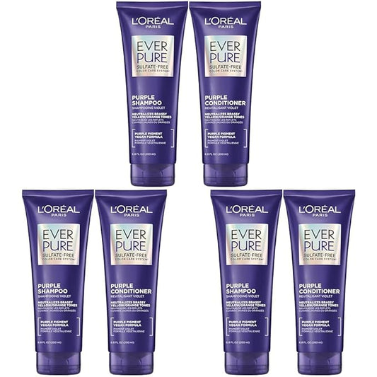 L’Oreal Paris EverPure Sulfate Free Brass Toning Purple Shampoo and Conditioner Set for Blonde, Bleached, Silver, or Brown Highlighted Hair, 1 Kit (Pack of 3)