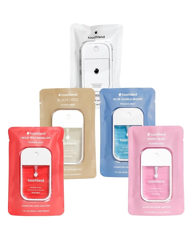 Touchland Hydrating Hand Sanitizer Spray, DREAM 5 Set (Watermelon, Berry, Beach Coco, Sandalwood, Icy White Hand Mist Case), 1 FL. OZ. Travel Size Power Mist Sprays with Case