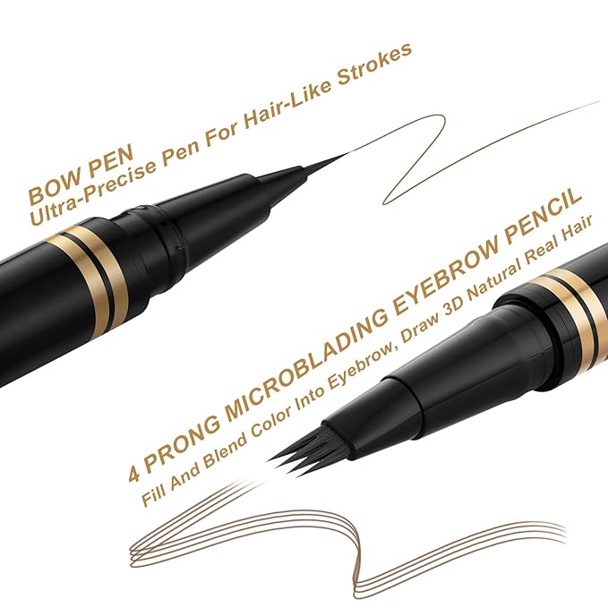 Eyebrow Pen Makeup Kit - 4 Tip Waterproof Microblading Pencil, Eyeliner, Pomade and Dual-ended Brush - Natural Looking Brow Kit - Soft Brown