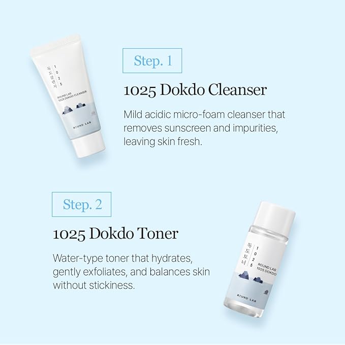 ROUND LAB 1025 Dokdo Hydrating Mini Size Kit (Cleanser, Toner, Ampule, Cream), Deep Hydration for Dry Skin, Daily Skin Care Routine Trial Kit for Moisture Care, Travel Size Gift Set, Stocking Stuffers