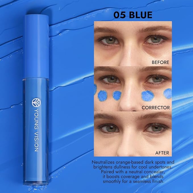 YOUNG VISION Blue Color Correcting Concealer Corrector, Long Lasting Brightening Full Coverage Weightless All-Day Liquid Concealer, Natural Coverage, Ideal for Fair to Light Skin