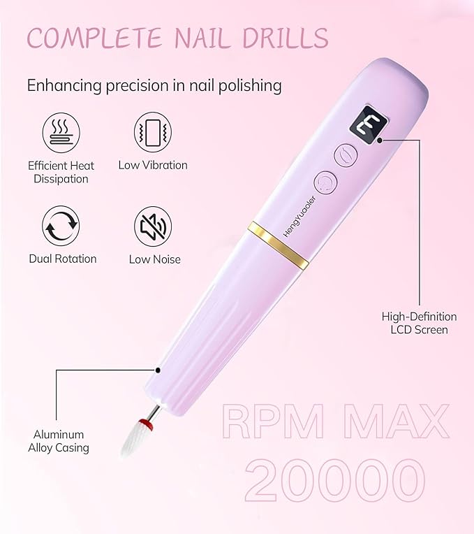 HengYuaoler Electric Nail Drill Machine File Efile Set for Acrylic Gel Nails Portable Nail Drill Machine Kit Rechargeable Pedicure Tools for Hand Feet Manicure Pedicure Tools Polishing Set (Purple)
