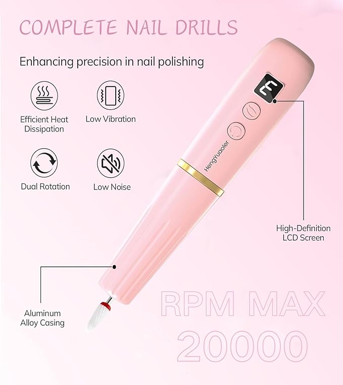 HengYuaoler Electric Nail Drill Machine File Efile Set for Acrylic Gel Nails Portable Nail Drill Machine Kit Rechargeable Pedicure Tools for Hand Feet Manicure Pedicure Tools Polishing Set (Pink)