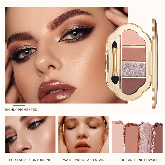 4 Color Eyeshadow Palette, Matte and Shimmer Powder Makeup, Highly Pigmented Blendable Shadows, Long-Lasting Waterproof, Natural Nude Brown Pink Shades (4#, 1 Count (Pack of 1))