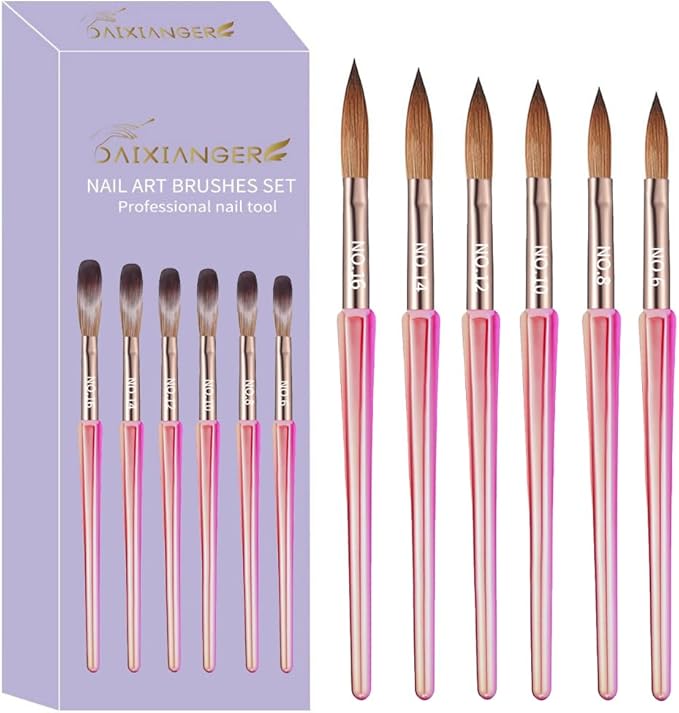 6Pcs Acrylic Nail Brush Set, Size 6/8/10/12/14/18 - Professional Nail Brushes for Acrylic Application Powder & Nail Extension, 3D Nail Carving Tools for DIY Home Salon Manicure-Pink