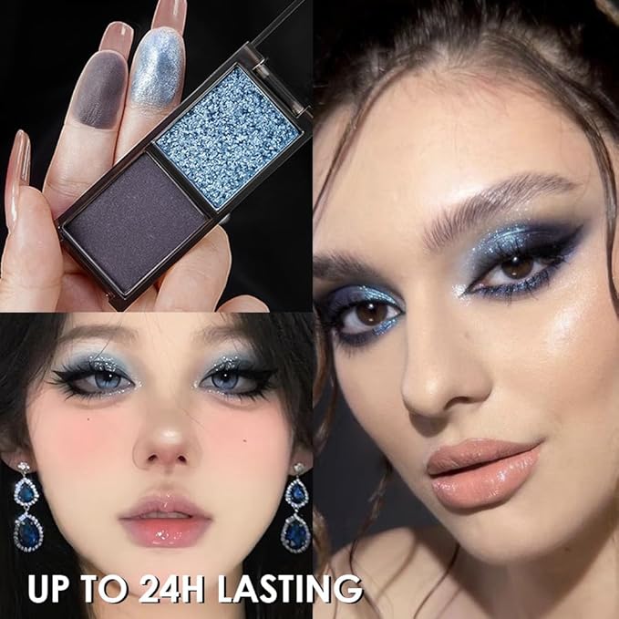 AMY'S DIARY 2 Color Shimmer Blue Matte black Eyeshadow Palette – Shimmer matte Shades eye shadow for Eye Makeup, Long-Lasting & Highly Pigmented, Vegan & Cruelty-Free for woman (02#)