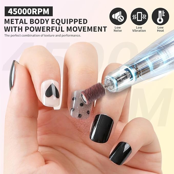 ANRLO Professional Electric Nail Drill, 45000 RPM Cordless Rechargeable E-File Machine, with 12 Bits, Sanding Bands, LCD Display for Acrylic Gel Nails (DMJ-V2-Gold-USB)