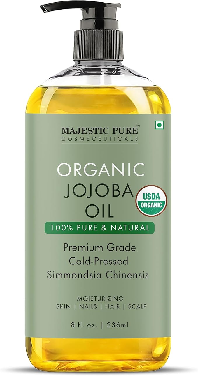 Majestic Pure USDA Organic Jojoba Oil - 100% Pure & Natural - Premium Grade, Cold-Pressed, Hexane-Free Carrier Oil for Skin, Hair and Body - Moisturizing Skin, Hair and Scalp - 8 Fl Oz