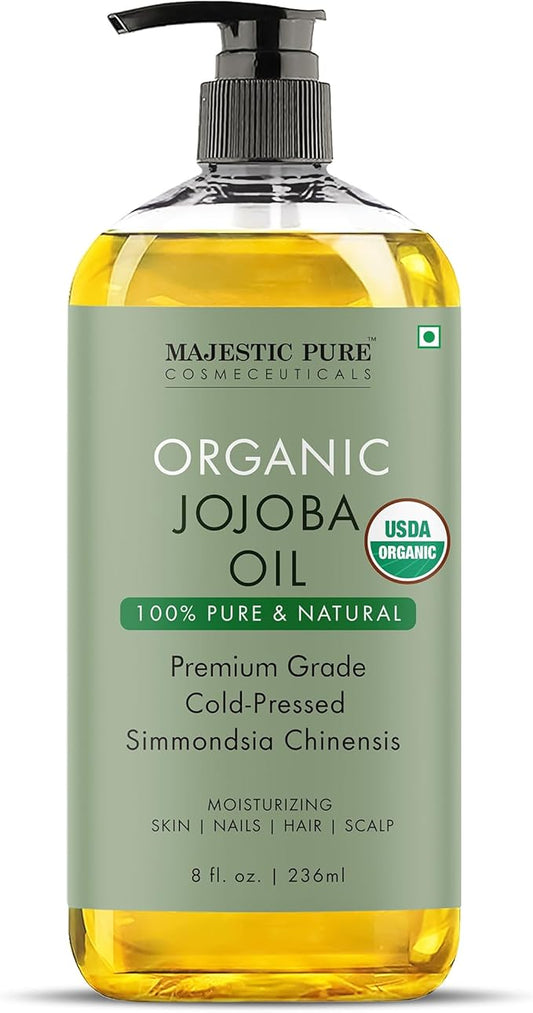 Majestic Pure USDA Organic Jojoba Oil - 100% Pure & Natural - Premium Grade, Cold-Pressed, Hexane-Free Carrier Oil for Skin, Hair and Body - Moisturizing Skin, Hair and Scalp - 8 Fl Oz