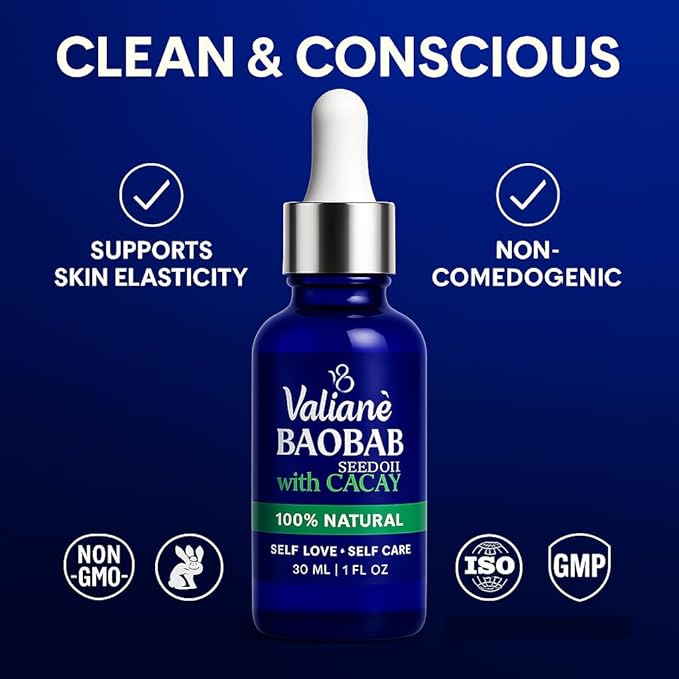 BAOBAB OIL + CACAY for HAIR & FACE Premium Enriched Blend - Hair Oil & Beard Oil - Facial Serum - Cold-Pressed Lightweight Fast-Absorbing, 100% NATURAL - for Body Neck Décolleté Nails -1 fl oz Valianè