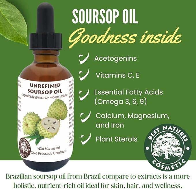 Virgin Soursop Oil (Anona Muricata, Graviola, Guanabana) – 100% Pure, Organic, Cold-Pressed, Unrefined – 2oz - 60ml – Natural Facial Oil & Moisturizer for Dry, Damaged, or Sensitive Skin
