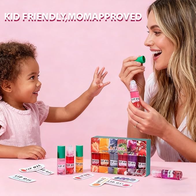 Kaely 6Pcs Mini Roll On Kids Lip Gloss, Fruit Flavored Lipgloss Set for Girls & Teens Party Favors, Hydrating & Moisturizing Lip Gloss Oil Makeup, Birthday Christmas Gifts, Vegan & Cruelty-Free