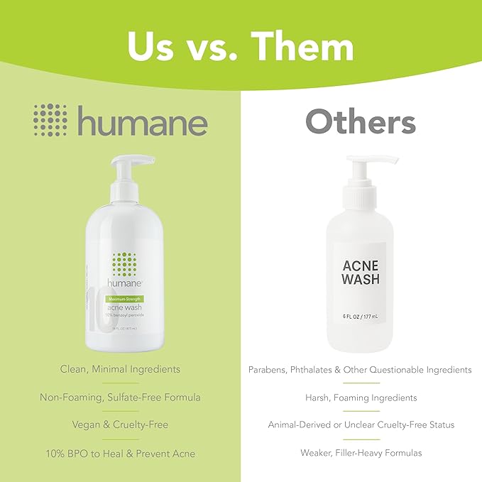 humane Benzoyl Peroxide Acne Body Wash - 10% Maximum-Strength Face, Skin, Butt, and Back Acne Treatment - 16 Fl Oz - Dermatologist-Tested Non-Foaming Acne Face Wash Cleanser - Vegan, Cruelty-Free