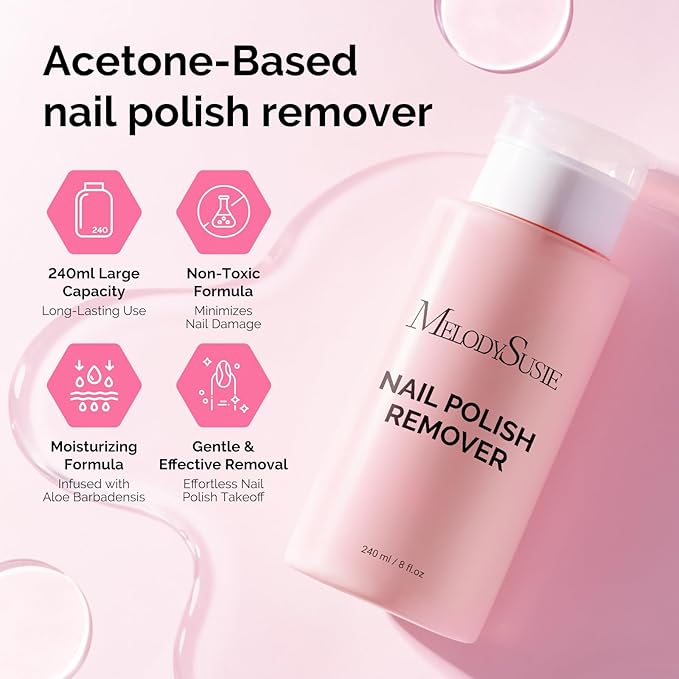 MelodySusie Acetone Nail Polish Remover, 240ML Professional Soak off Gel Nail Polish Remover with Aloe Scent, Quickly & Powerful Remover with Pump for Nail Polish Acrylic Dip Powder, 8 Fl Oz