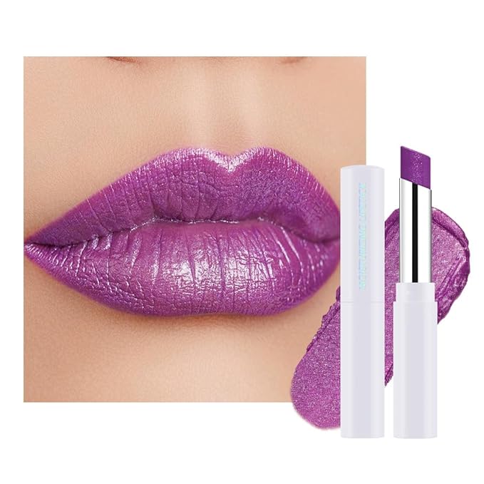 Purple Shimmer Metallic Moisturizing Glow Plumping Lipstick Makeup, Lipstick with Metallic 3D Shine Lightweight Hydrating Formula, Glitter Lip Gloss Stain Long Lasting Waterproof (15#Purple)