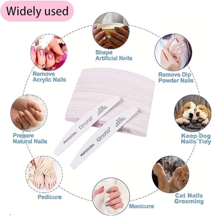 Klimonla 25pcs Professional Half Moon Nail Files Emery Board Set 180/240 Grit Dual-Grit Buffer Files for Natural & Acrylic Nails Tools Suit for Home Salon