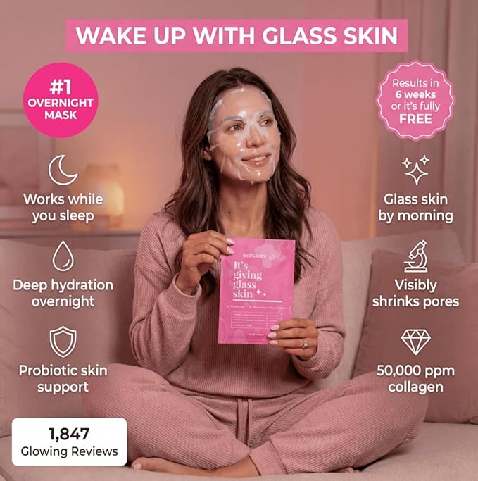 IT'S GIVING GLASS SKIN The Original Overnight Deep Collagen Mask - Advanced Hydrating Bio-Collagen Oligo-Hyaluronic Acid Facemask Skincare For All Skin Types, Pack of 4