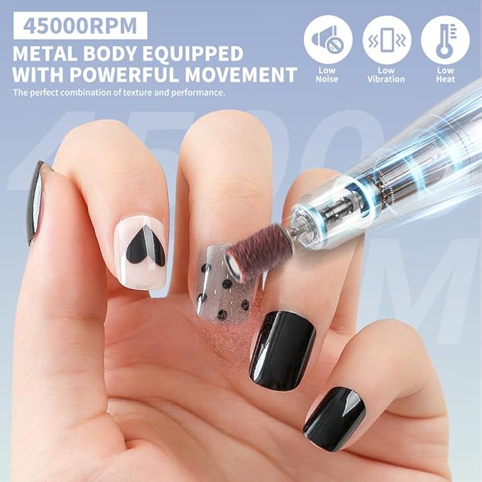 ANRLO Professional Electric Nail Drill, 45000 RPM Cordless Rechargeable E-File Machine, with 12 Bits, Sanding Bands, LCD Display for Acrylic Gel Nails (DMJ-V11-White-USB)
