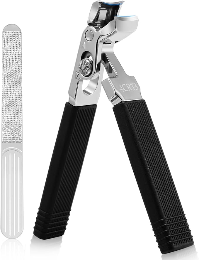 SmilVie Angled Head Toe Nail Clippers for Seniors, Long Handle, Heavy Duty Ingrown Toenail Clipper Set (Black 2-in-1 Set)