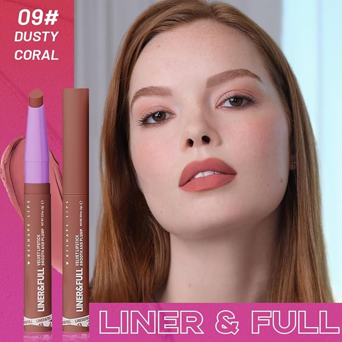 2-IN-1 Lipstick Lipliner, Velvet Matte Finish, Smooth & Plump, 12 Universal Lip Color-Nude Pink Rose Mauve Berry Plum, Creamy Formula for Lip Makeup, All-Day Wear, Cruelty-Free (#09 DUSTY CORAL)