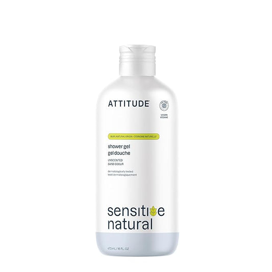 ATTITUDE Body Wash for Sensitive Skin with Oat, EWG Verified, Dermatologically Tested, Vegan, Extra Gentle, Unscented, 16 Fl Oz