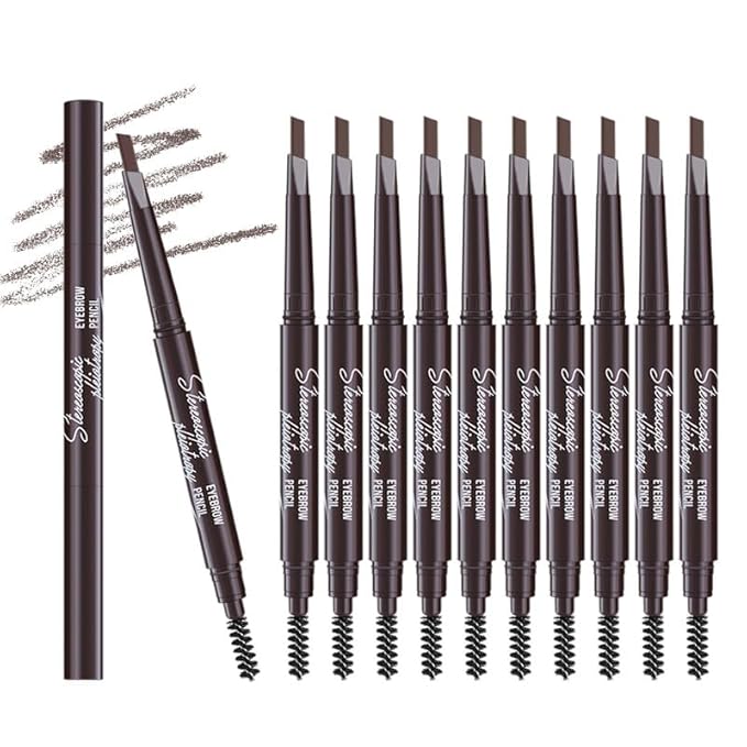 Berinist 12pcs Dark Brown Waterproof Eyebrow Pencils for Women, Retractable Dual-End Eye Brow Pencil with Brush, Triangular Tip Design, Easier to Define and Fill in Eyebrows for Natural Brow Shape