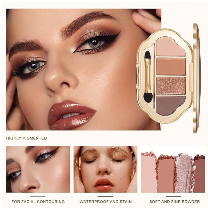 4 Color Eyeshadow Palette, Matte and Shimmer Powder Makeup, Highly Pigmented Blendable Shadows, Long-Lasting Waterproof, Natural Nude Brown Pink Shades (5#, 1 Count (Pack of 1))