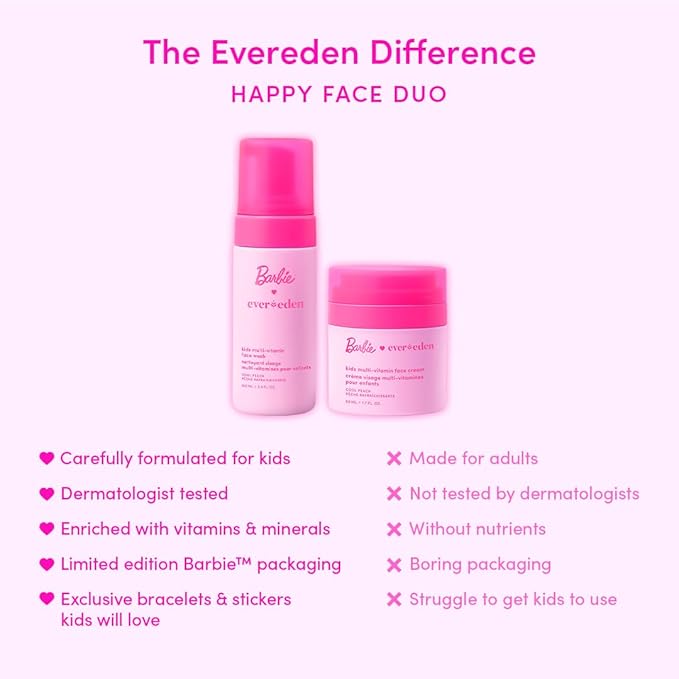 Evereden Barbie Limited Edition Kids Happy Face Duo + Exclusive Accessories | Multi-Vitamin Face Wash & Cream Set with Stickers + Bracelets | Clean Skin Care for 3+ | Barbie Gift Box for Kids