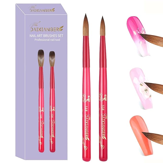 DAIXIANGER 2Pcs New Year Acrylic Nail Art Brush Set -Size 10/14, Red Handle Nail Brushes for Acrylic Application Powder & Nail Extension, 3D Nail Carving Tools for DIY Home Salon Manicure
