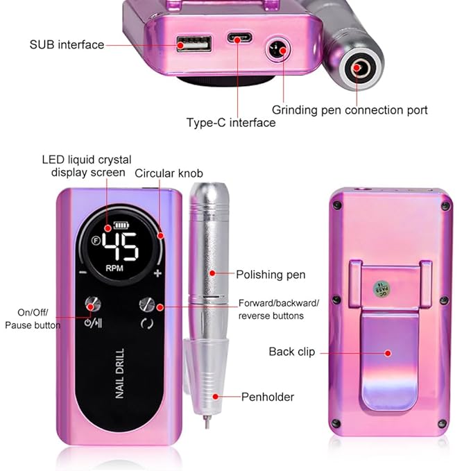 ANRLO Professional Electric Nail Drill, 45000 RPM Cordless Rechargeable E-File Machine, with 12 Bits, Sanding Bands, LCD Display for Acrylic Gel Nails (DMJ-V2-USB-colour)